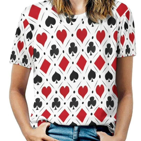 Playing Card Pattern Print Women's Short Sleeve T-Shirt Crew Neck Casual Summer Trendy Loose Fit Tops