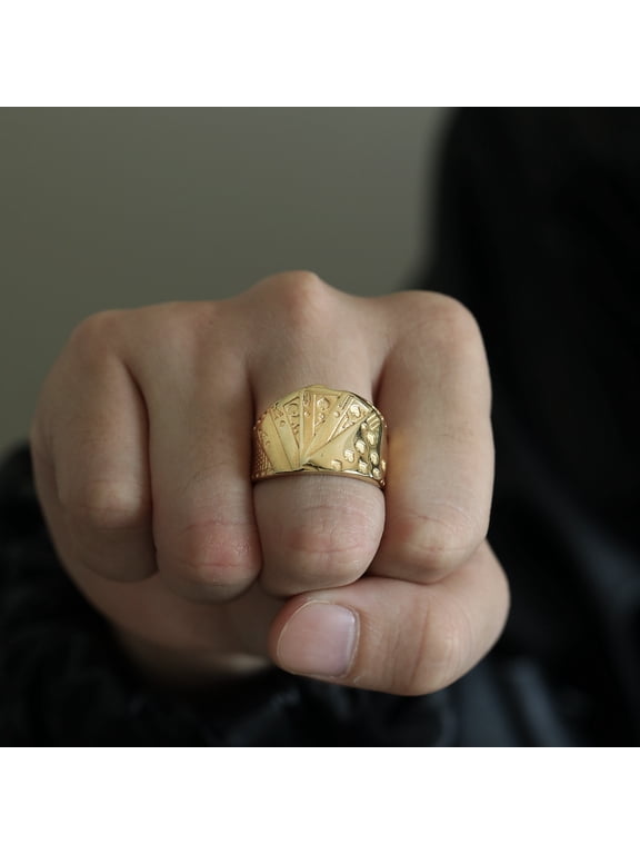 Playing Card Royal Flush Wide Band Ring For Men Women 14K Gold Filled Classic Gaming Motif Jewelry