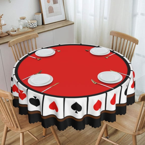 Playing Card Suit Circle Border Round Tablecloth Waterproof Oil-Proof Plastic Table Cloth Stain-Resistant Wipeable 60" for Camping, Dining, Indoor and Outdoor