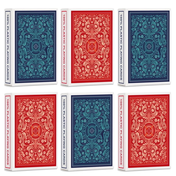 Neasyth Waterproof Playing Cards, Plastic Playing Cards, 6 Decks Poker Size Regular Index for Adults (3 Blue+ 3 Red)