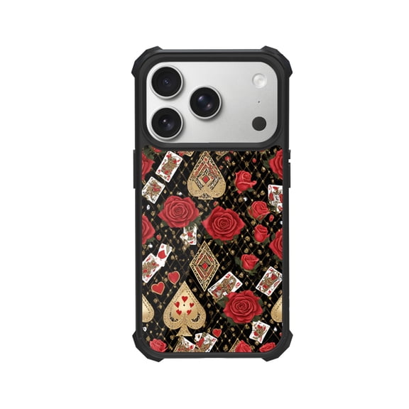 Playing Cards And Roses Shockproof Case For iPhone 12 13 14 15 16 Pro Max Series – TPU Bumper + Hard PC Back, Air-Cushion Corners