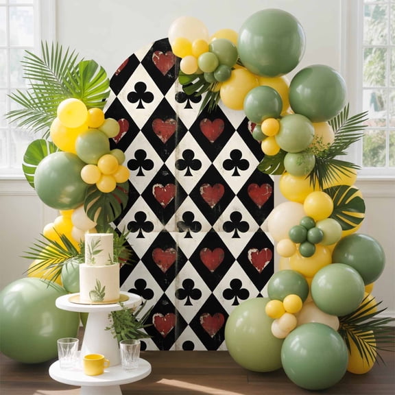 Playing Cards Arch Backdrop Cover, 5FT, Retro Black Red Spades Heart Poker Spandex Arch Covers Double-Sided Backdrop for Wedding Birthday Party Photo Background Decoration
