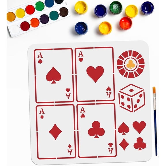 Playing Cards Dice Stencils 11.8×11.8inch Hearts Clubs Diamonds Spades A Stencil with Paint Brush Reusable DIY Art Craft Stencils on Wall Wood Glass DIY Making