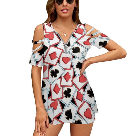 Playing Cards Heart Womens Summer V Neck Zipper Top Short Sleeve T Shirt Off Shoulder Top Casual Classy Loose Shirts