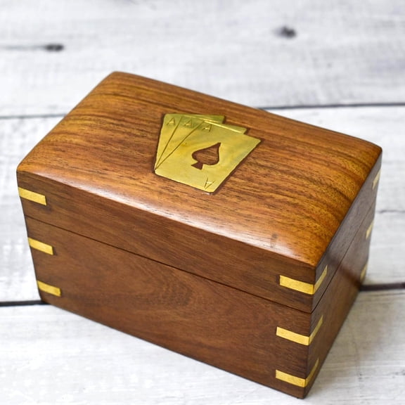 Playing Cards Holder - Handmade Wooden Playing Cards Storage Box with Brass Inlay Design Wood Playing Ace Organizer Case Deck Box Anniversary Birthday Gift Idea Gift for Him