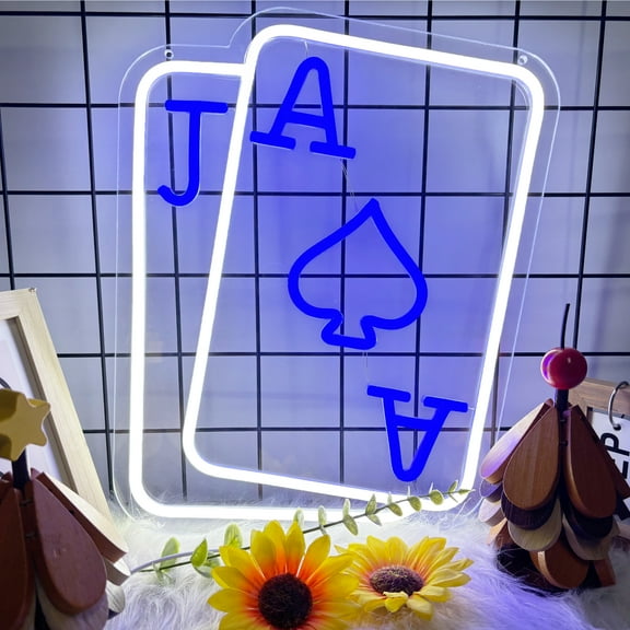 Playing Cards Neon Signs for Wall Decor Poker Teens Led Neon Light Blue White Usb Light Sign for Bedroom Casino Bar Hotel Play Room Birthday Party Decor
