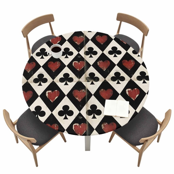 Playing Cards Round Fitted Table Cover Retro Black Red Spades Heart Poker Waterproof Table Cloth with Elastic Edge Wipeable Tablecloth for Picnic Camping Party Fits 36"-44" Tables