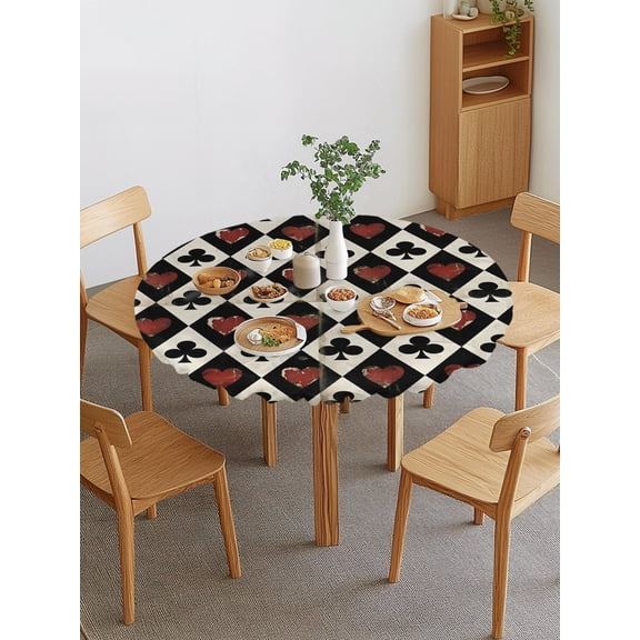 Playing Cards Round Fitted Tablecloth with Elastic Edge, Retro Black Red Spades Heart Poker Waterproof Stretch Table Covers for 55"-60" Tables Wipeable Table Cloth for Outdoor