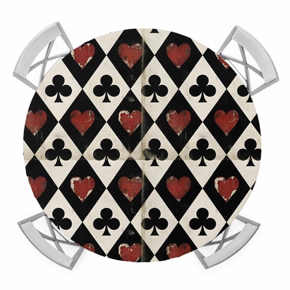 Playing Cards Round Table Cover, Retro Black Red Spades Heart Poker Waterproof Fitted Tablecloths for 36"-44" Tables, Washable Picnic Table Cover for Camping Dining Indoor Outdoor