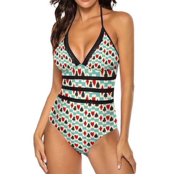 Playing Cards Swimsuit Four Card Suits Print One Piece Swimwear Push Up Modern Bathing Suit Beach Pattern Bodysuit