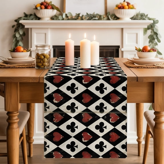 Playing Cards Table Runner, Retro Black Red Spades Heart Poker Washable Cotton-linen Table Runners Dining Kitchen Decoration for Everyday Home Wedding Party Decor, 13 x 36 Inch