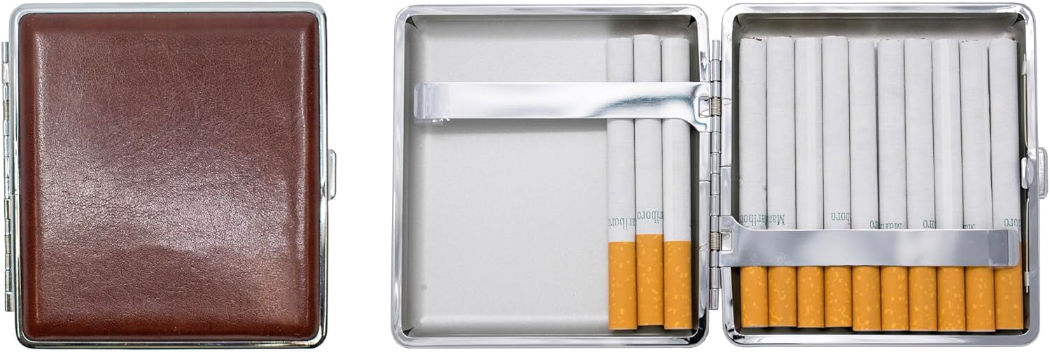Set of 2 Metal-Plated King Size Leather Cigarette Case & Stash Box (Buffalo Brown)