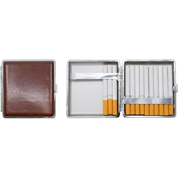 Set of 2 Metal-Plated King Size Leather Cigarette Case & Stash Box (Buffalo Brown)