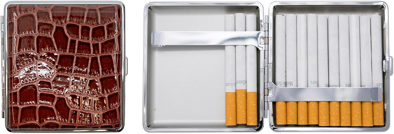 Set of 2 Metal-Plated King Size Leather Cigarette Case & Stash Box (Crocodile Brown)