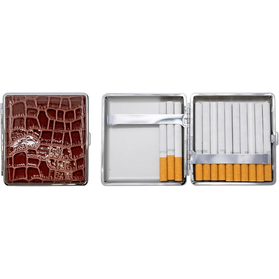 Set of 2 Metal-Plated King Size Leather Cigarette Case & Stash Box (Crocodile Brown)