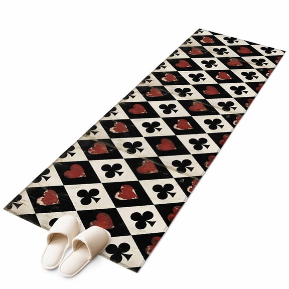 Playing Cards Washable Runner Rugs 2'x6', Retro Black Red Spades Heart Poker Low Pile Throw Entryway Rug Non-Slip Sturdy Edge Binding Carpet for Indoor Bedside Entrance Bedside