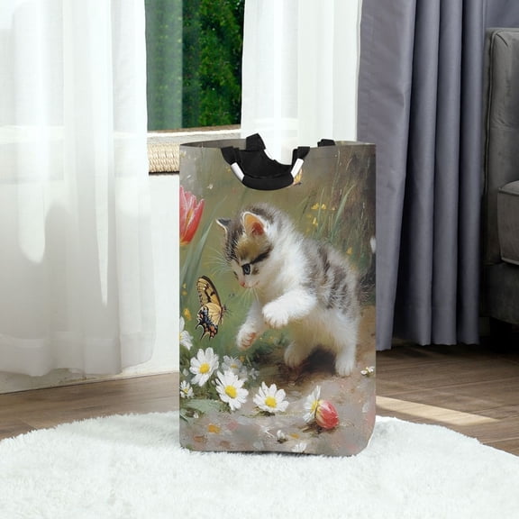 Playing Cats Foldable Laundry Hamper 12.6x11x22.7in with Handles for Bathroom Bedroom Storage