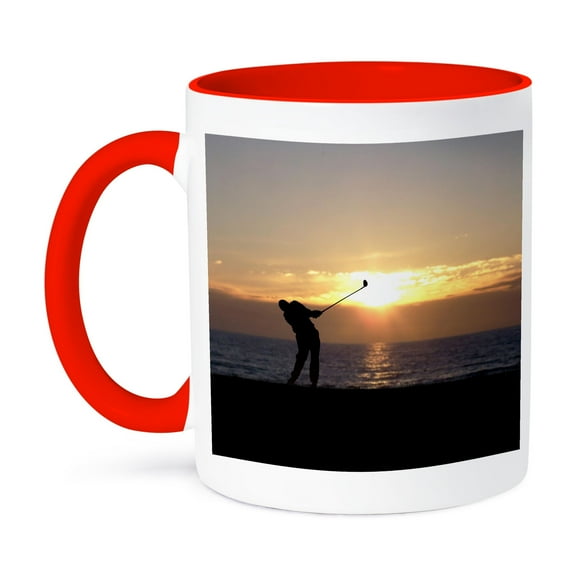 3dRose, Playing Golf At Sunset - silhouette of golfer driving on 18th hole, 15oz Two-Tone Red Mug