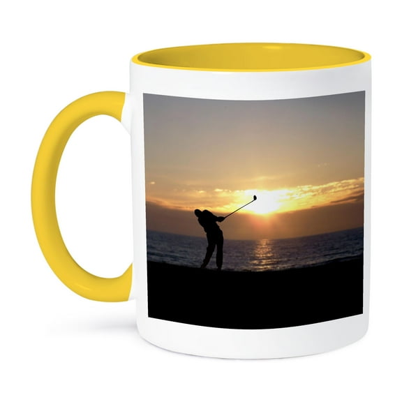 3dRose, Playing Golf At Sunset - silhouette of golfer driving on 18th hole, 15oz Two-Tone Yellow Mug