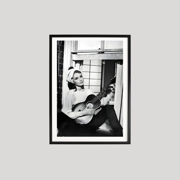 Playing Guitar Iconic Breakfast at ’s Window Scene Classic Black and White Film, Unframed Poster