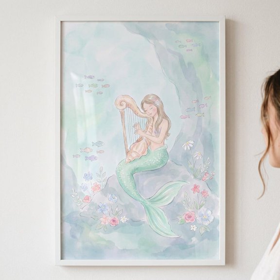 Playing Harp Mermaid Underwater Ocean Wall Decor Unframed Paper Print