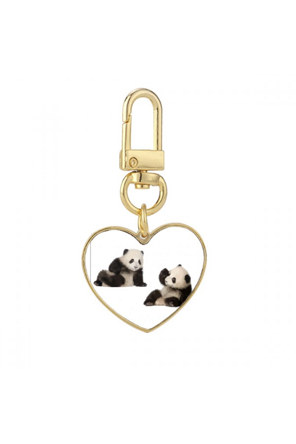 Playing Partner Panda Accompanied Gold Heart Keychain Metal Keyring Holder