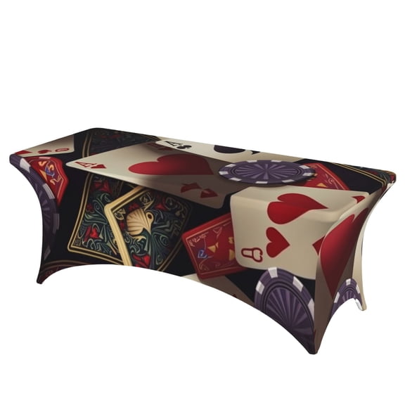 Playing Poker Cards Casino Retro Stretch Rectangular Table Cover 6FT Elastic Fitted Tablecloth for Parties, Weddings, Banquets