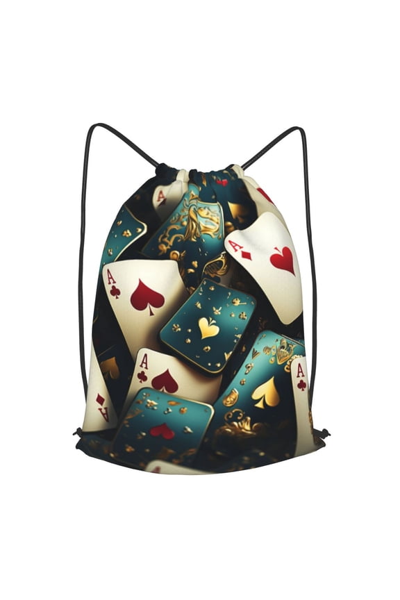 Playing Poker Cards Casino Vintage Drawstring Backpack Gym String Bag Sports Sackpack Cinch Sack, Large