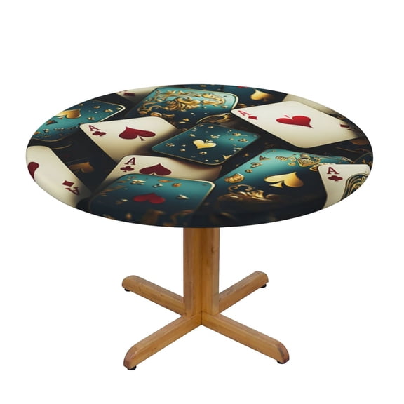 Playing Poker Cards Casino Vintage Fitted Round Tablecloth 90cm with Elastic Edge, Waterproof Table Cover Furniture Protector for Patio, Dining Room Restaurant