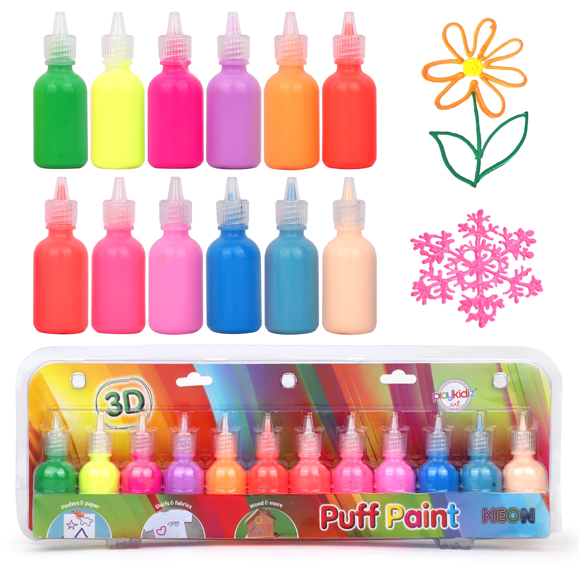 Playkidiz 3-D Art Neon Puff Paint For Kids, 12 Pack Color Pack Squeeze Paint, Non Toxic Puff Paint Set, Washable Fabric Paint, Classic Colors, Ages 3+.