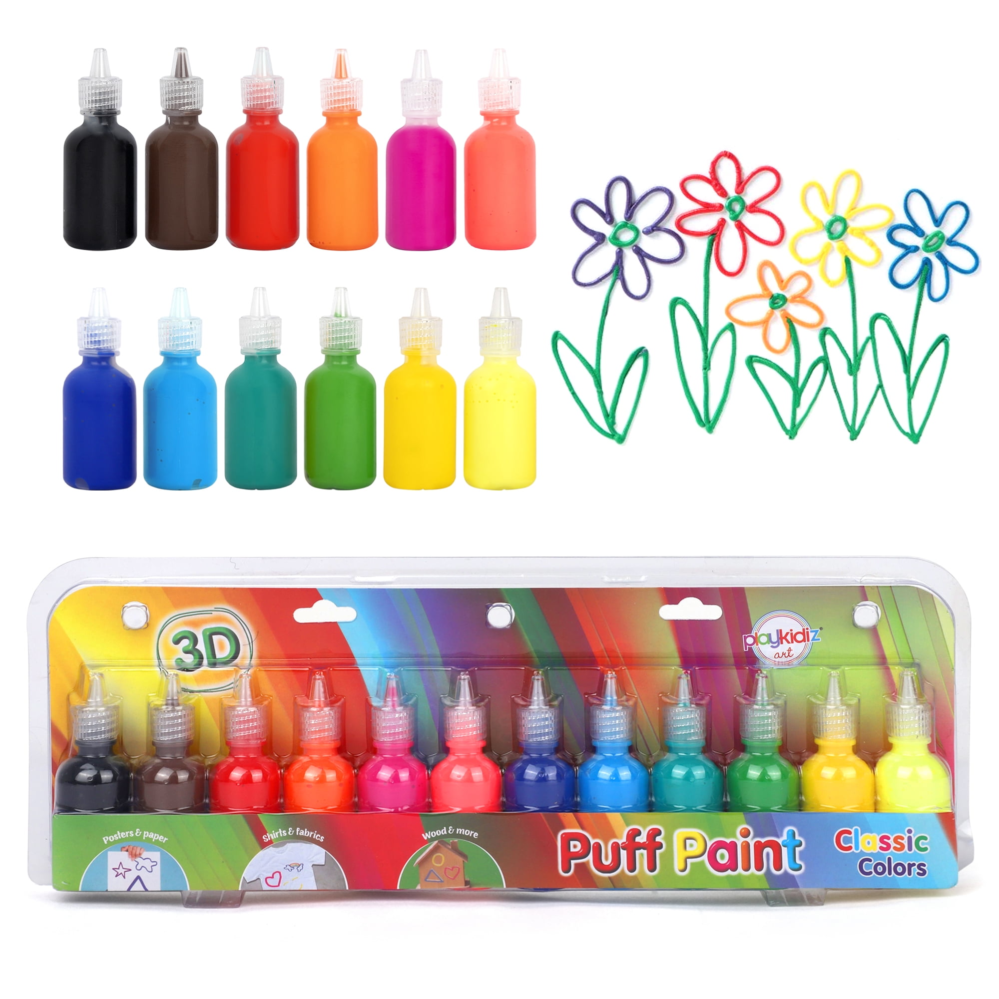 Playkidiz Puff Paint, 12 Pack 3-D Fabric Paint, Classic Colors, Non-Toxic Paint Set for Kids, Ages 3+