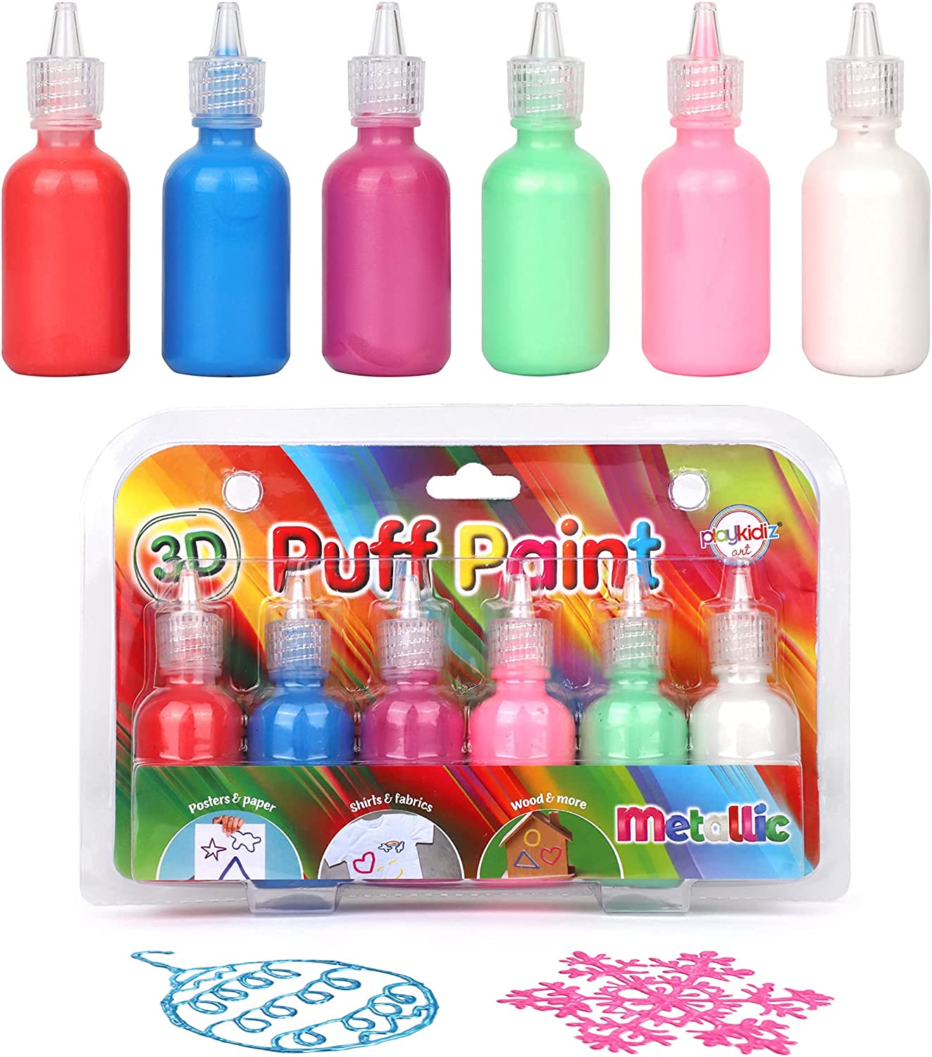 Playkidiz Puff Paint, 6 Pack 3D Fabric Paint, Metallic Colors, Permanent Nontoxic Paint Set