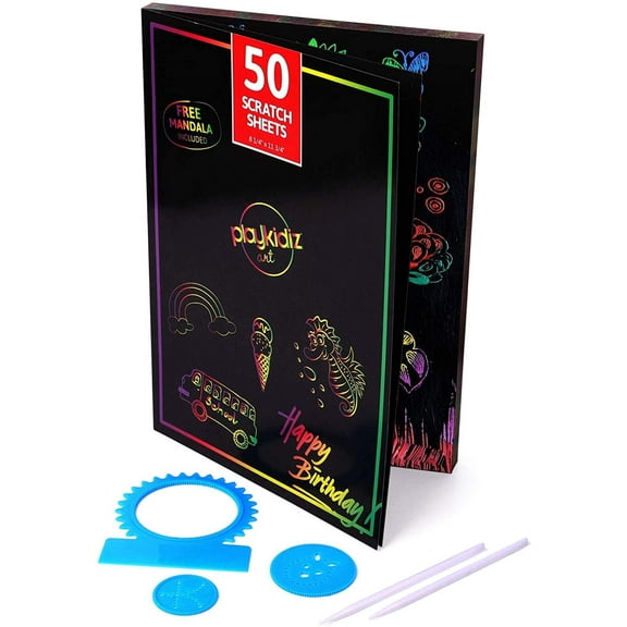 Playkidiz Scratch Paper Art Box, 50 Rainbow Scratch Off Notes 8.25" x 11.75", Magic Scratch Art, Includes 3 Mandalas for fun Designs & 2 Stylus Pens