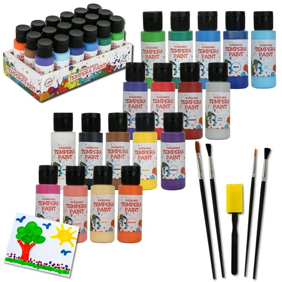 Playkidiz Washable Tempera Paints Set for Children, 18 Paint Bottles, Kids Non-Toxic Washable Acrylic Paint, Kid Friendly, Kid Safe Paint Set, Includes Variety of Brushes, Color, Craft