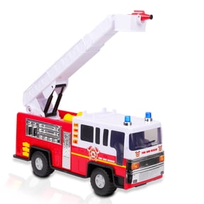 Playkidz 15" Fire Truck Toy for Kids with Lights and Siren Sounds, Classic Red and White Rolling Emergency Vehicle, Interactive Play Movable Ladder, Early Learning Fun, Boys or Girls