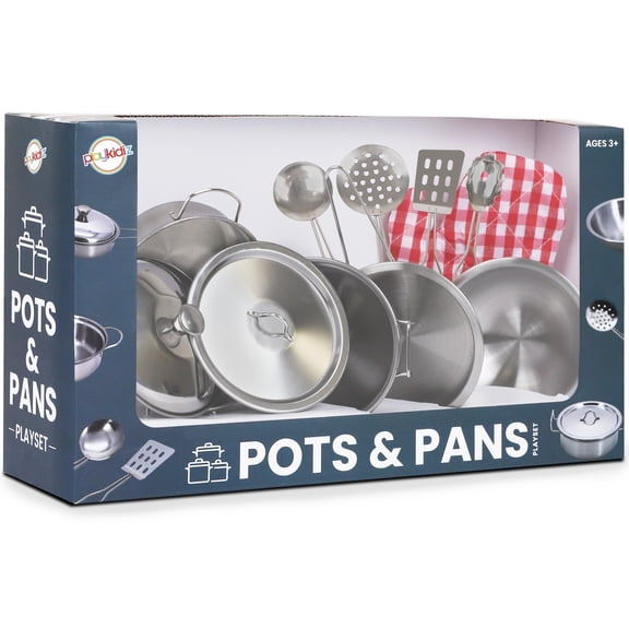 Playkidz 9 Piece Stainless Steel Pots and Pans - Toy Cookware Playset for Kids Pretend Play House - Great Birthday Gift for Girls