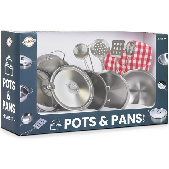 Playkidz 9 Piece Stainless Steel Pots and Pans - Toy Cookware Playset for Kids Pretend Play House - Great Birthday Gift for Girls