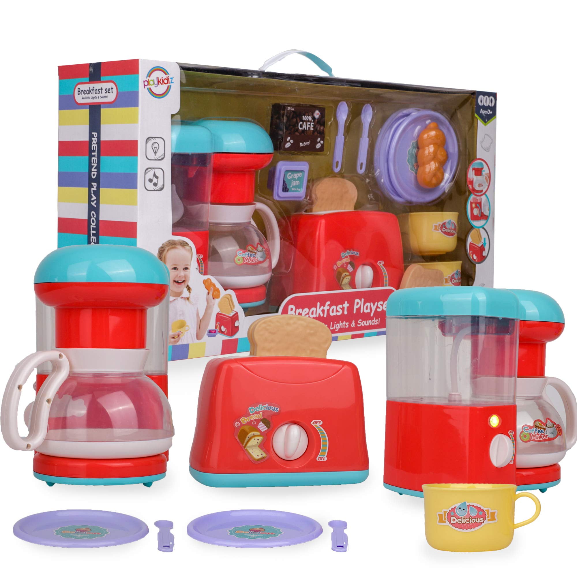 Toy Kitchen Appliances for Kids with Play Food, Workable Toy Coffee Maker &  Toy Toaster Playset for Kids Toddlers, Pretend Play Toy Kitchen