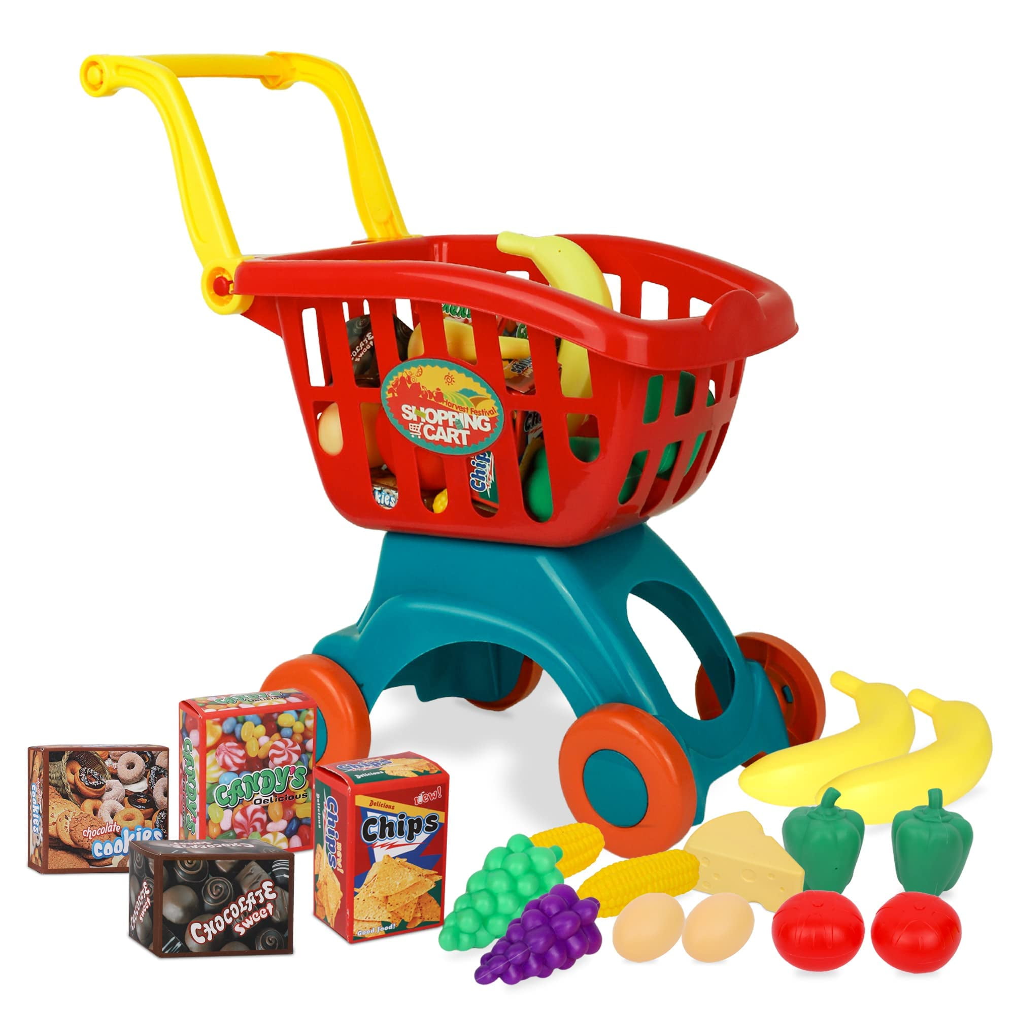Playkidz Toy Shopping Cart Play Set, Plastic Food Toys