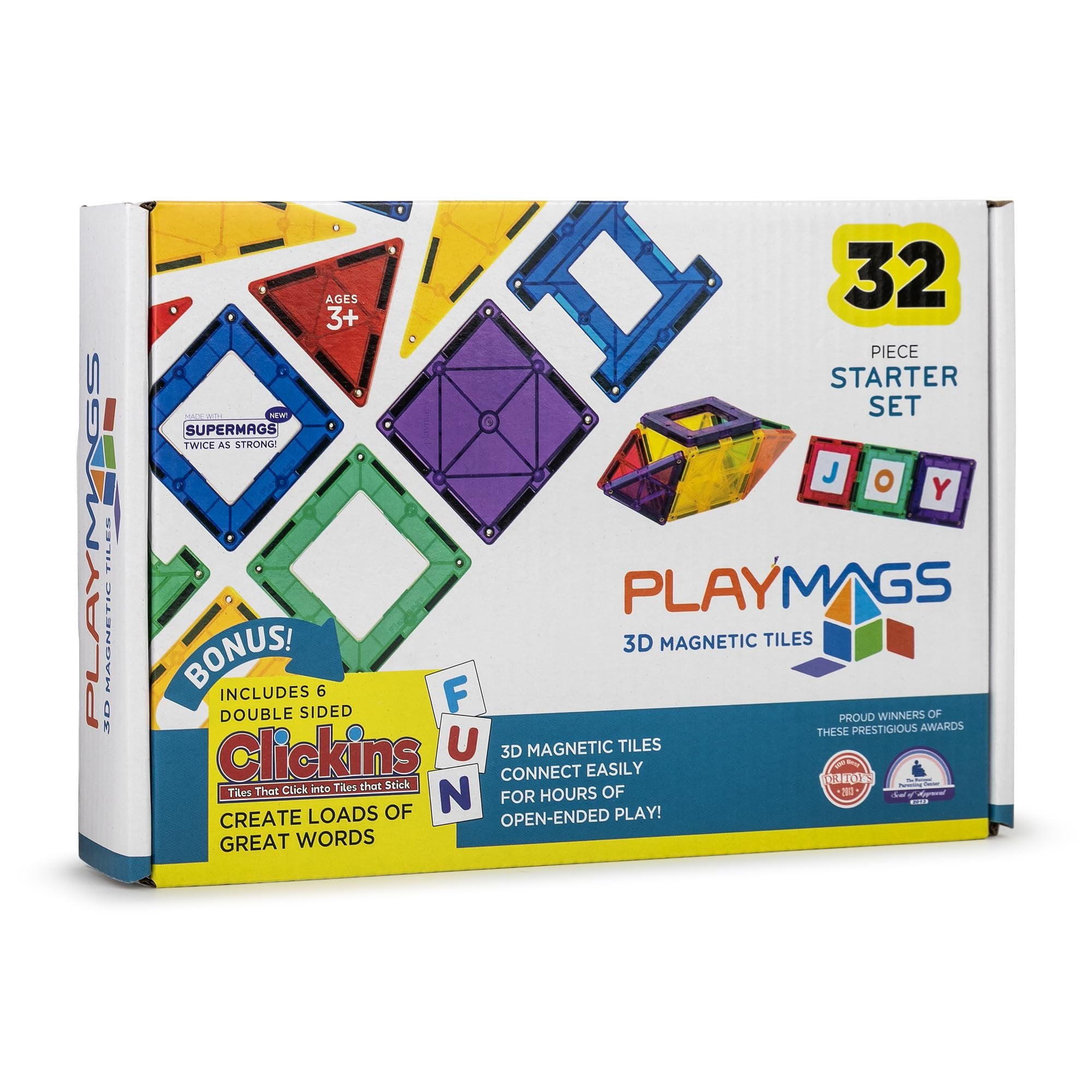 Playmags Magnetic Tile Set, 32-Piece Magnets Building Blocks for Kids, Bonus Clickins ABC Tiles - STEM Learning Toys for Kids Strong, Durable, Educational Magnet Blocks for Creative Plays