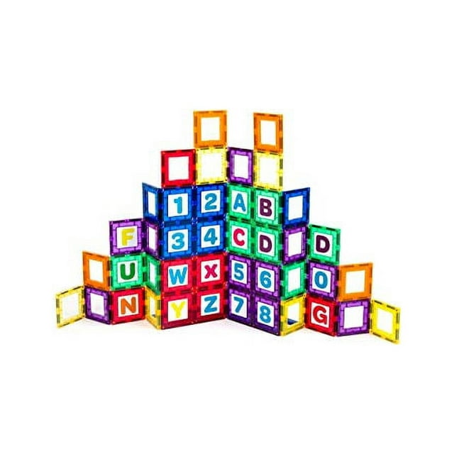 Playmags Magnetic Tile Building Set Exclusive Educational Clickins 36Pc Kit 18 Super Strong Clear Color Magnet Tiles Windows & 18 Letters & Numbers Stimulate Creativity & Brain Development
