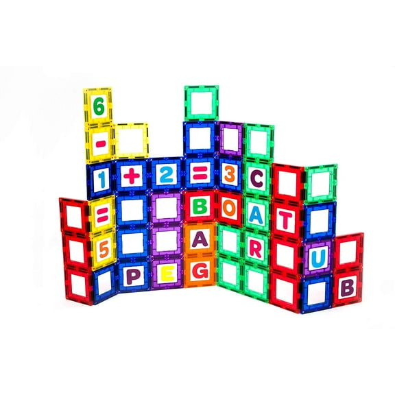 Playmags Magnetic Tile Building Set: Exclusive Educational Clickins 80-Pc. Kit: 40 Super Strong Clear Color Magnet Tiles Windows & 40 Letters & Numbers Stimulate Creativity & Brain Development