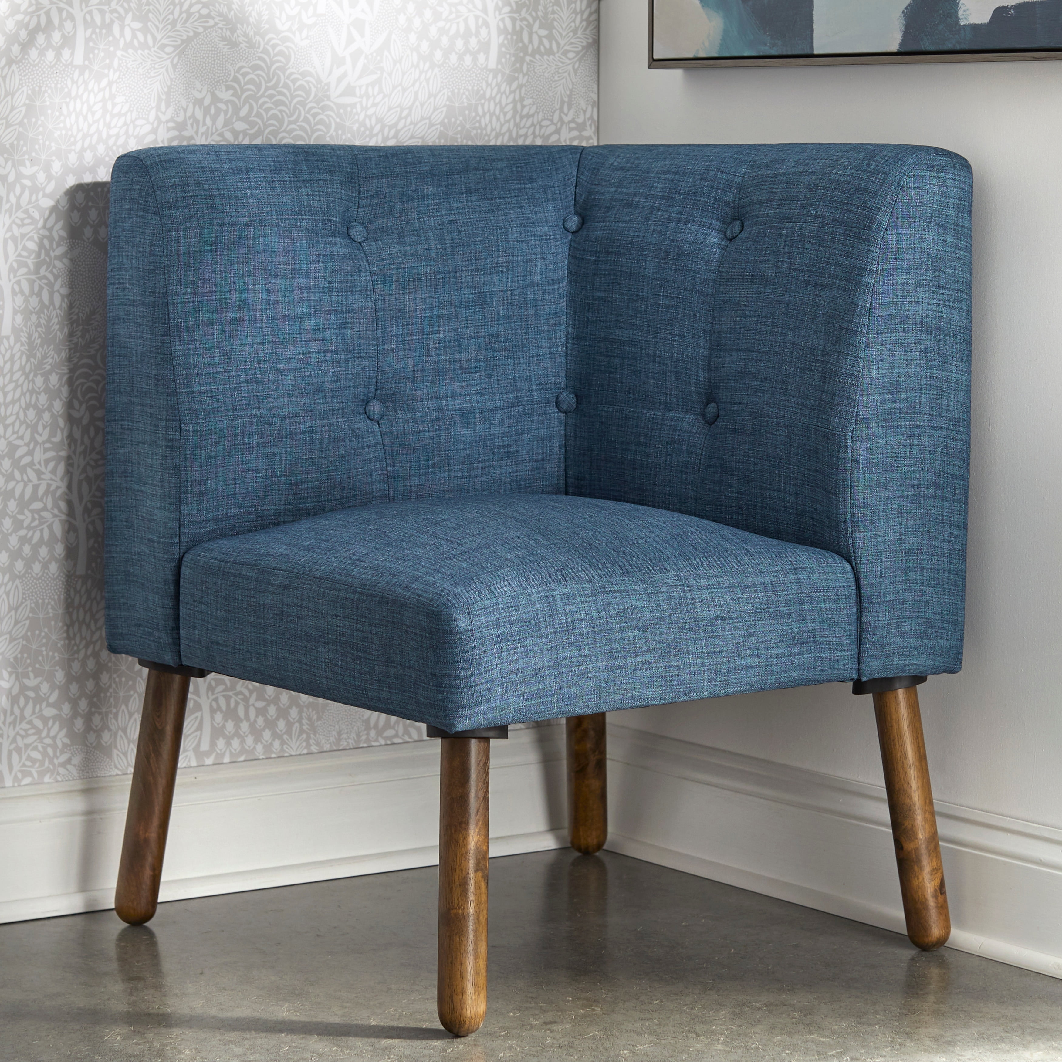 Retro Charm Blue Fabric Button-Tufted Corner Chair