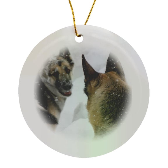 3drose, Playmates - German Shepherd in the Snow, Circle Porcelain Ornament