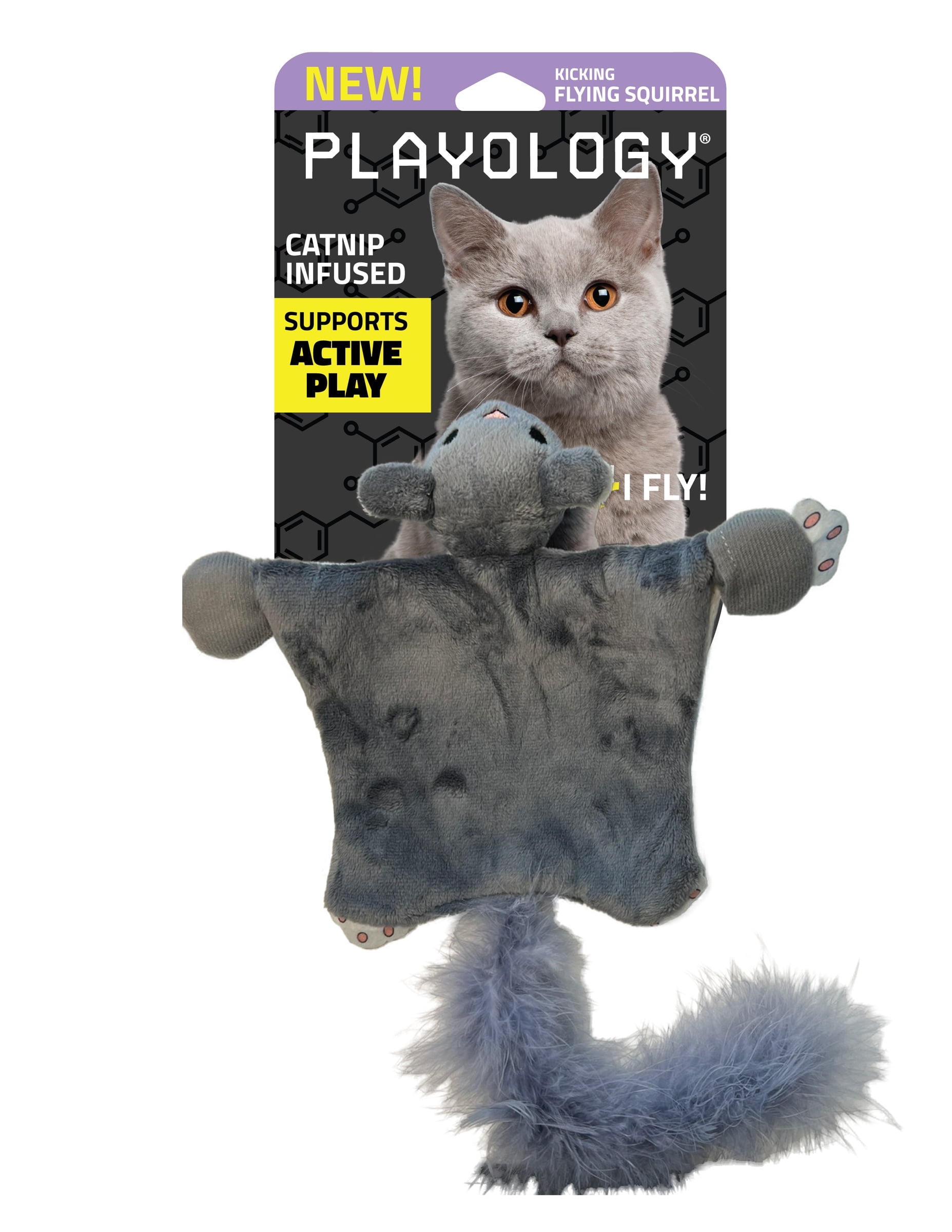 Playology Cat Toy Flying Squirrel | Fuzzy Plush Toy Flies Through The Air | Interactive Fun with Rubber Band Launch