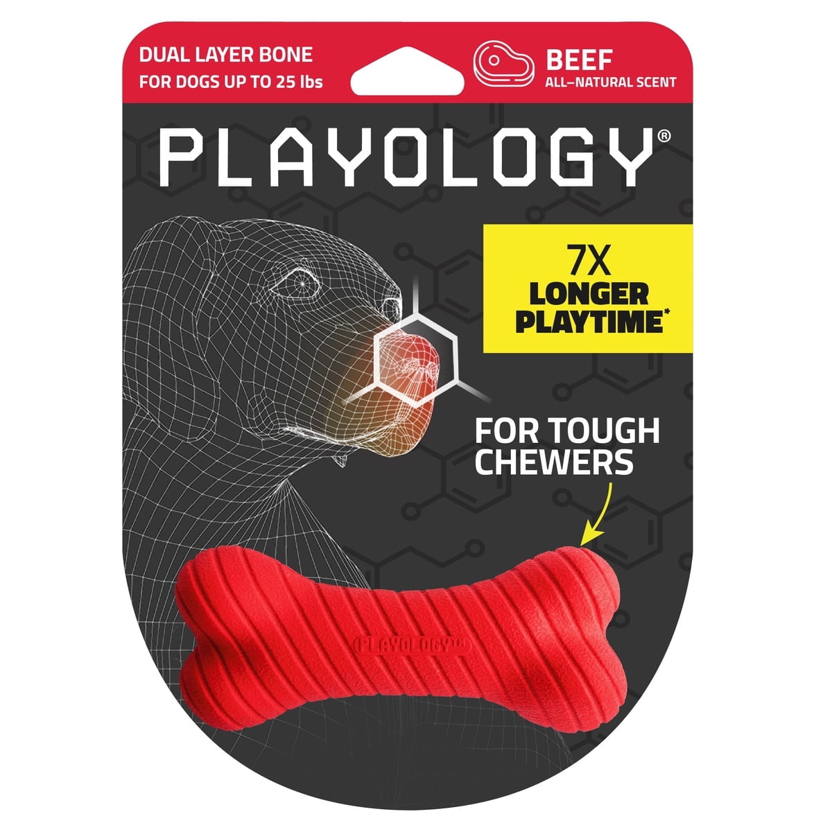 Playology Dog Toys | Durable Chew Toy Dual Layer Bone, Beef Scented Toy - Small