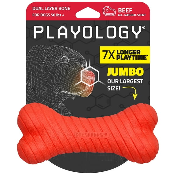 Playology Dog Toys | Durable Chew Toy Dual Layer Bone, Beef Scented Toy - Jumbo