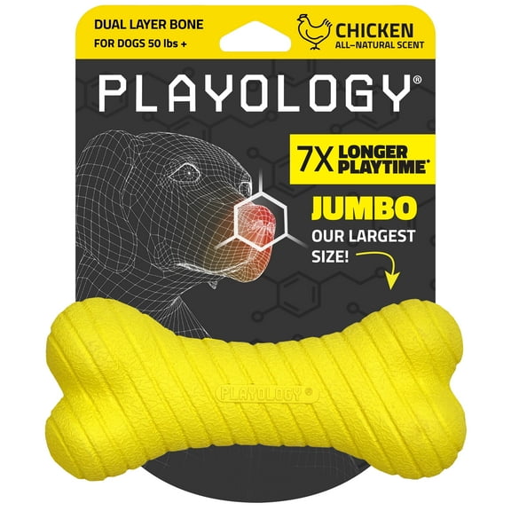 Playology Dog Toys | Durable Chew Toy Dual Layer Bone, Chicken Scented Toy - Jumbo