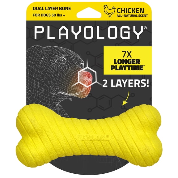 Playology Dog Toys | Durable Chew Toy Dual Layer Bone, Chicken Scented Toy - Jumbo