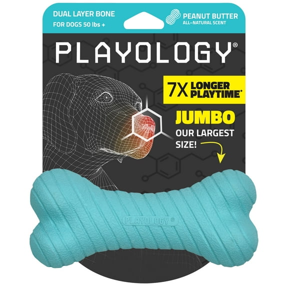 Playology Dog Toys | Durable Chew Toy Dual Layer Bone, Peanut Butter Scented Toy - Jumbo